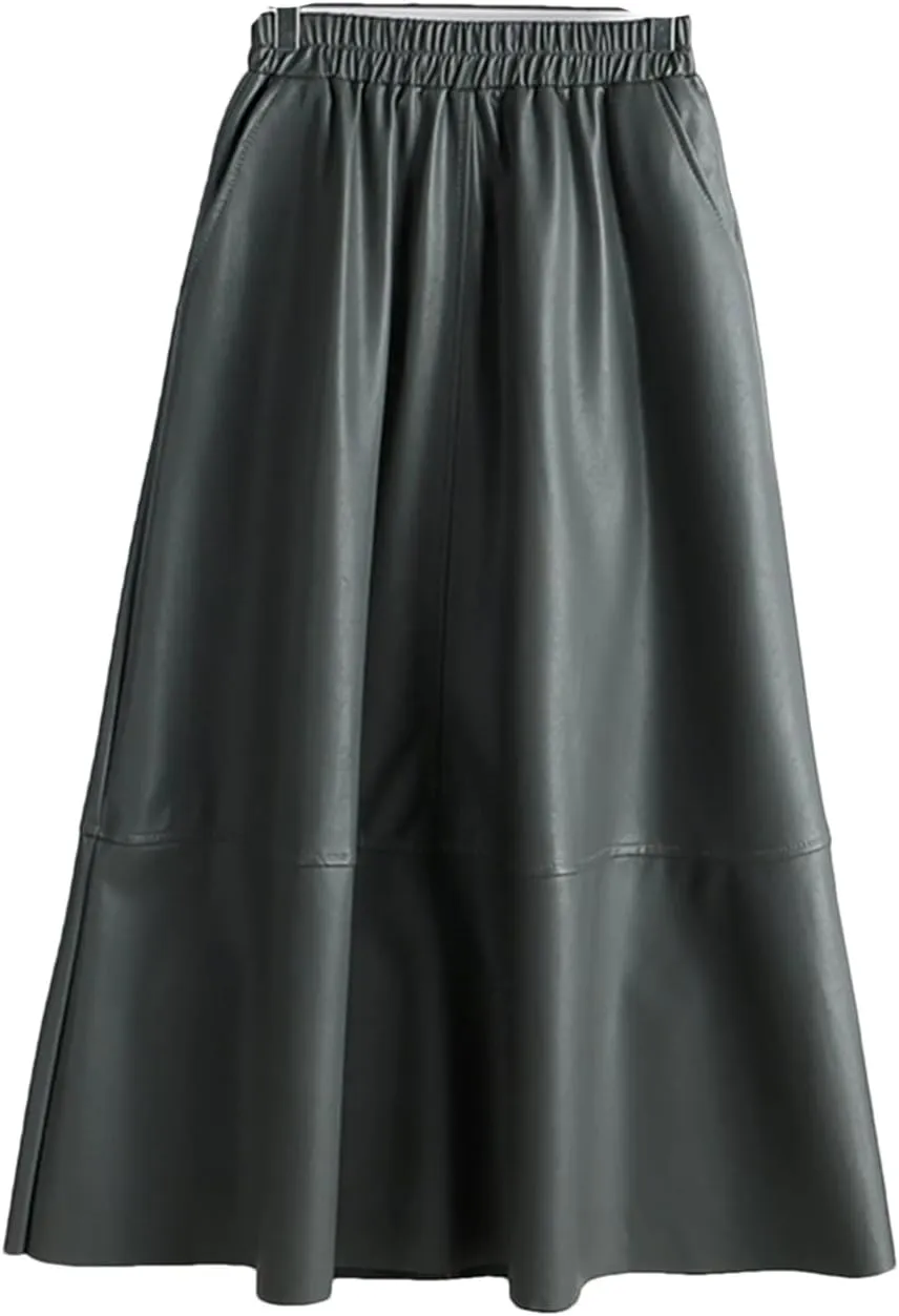 Autumn Winter Female Faux PU-Leather Midi Skirts Patchwork High Waist A-Line Umbrella Skirts Pockets