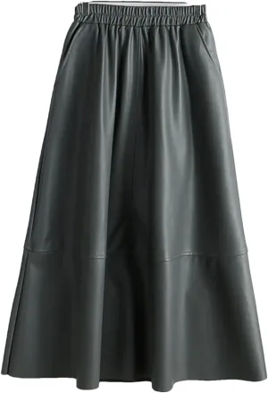 Autumn Winter Female Faux PU-Leather Midi Skirts Patchwork High Waist A-Line Umbrella Skirts Pockets
