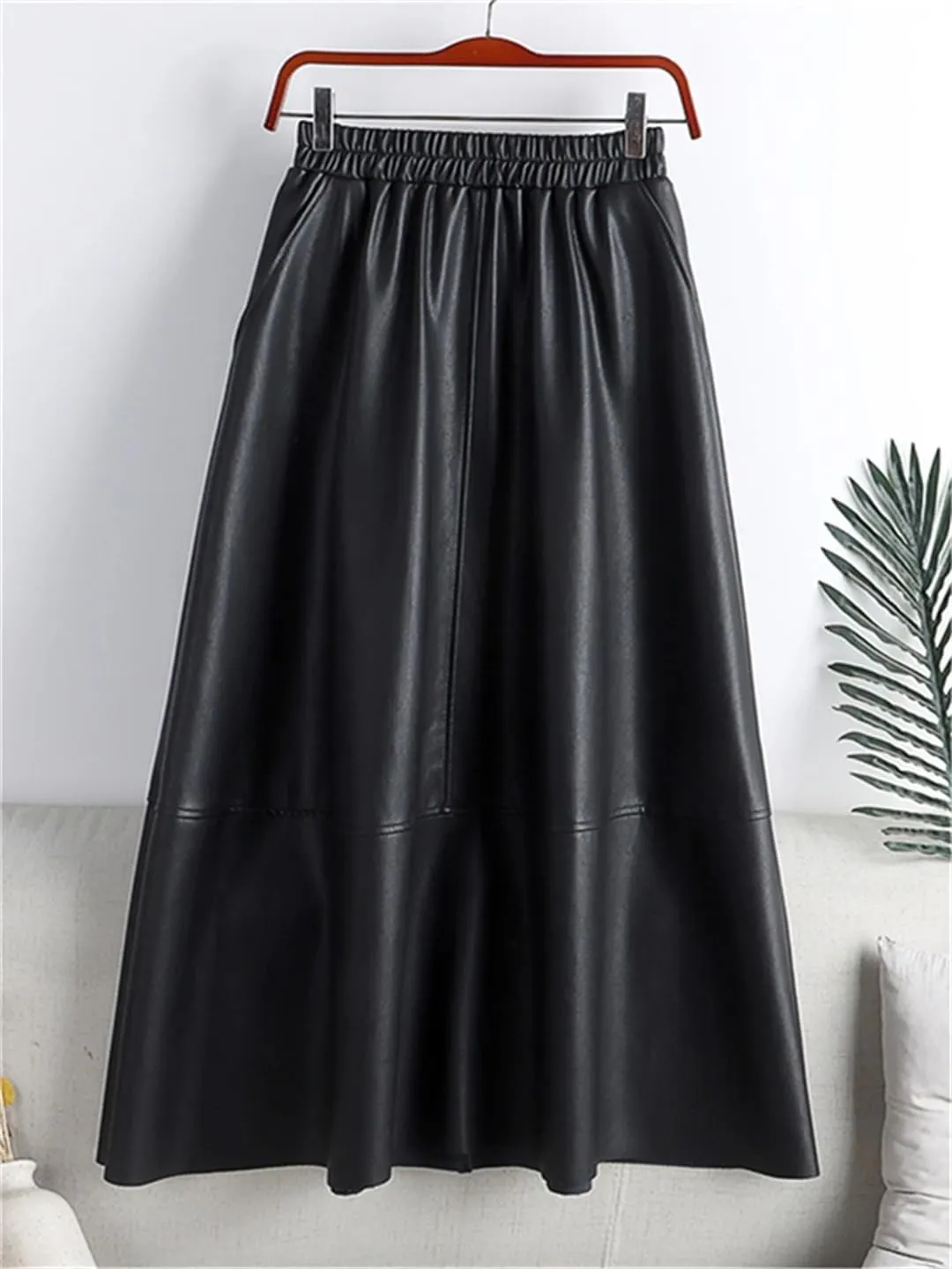 Autumn Winter Female Faux PU-Leather Midi Skirts Patchwork High Waist A-Line Umbrella Skirts Pockets