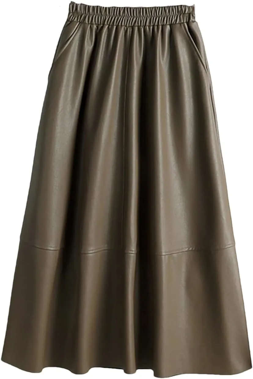 Autumn Winter Female Faux PU-Leather Midi Skirts Patchwork High Waist A-Line Umbrella Skirts Pockets