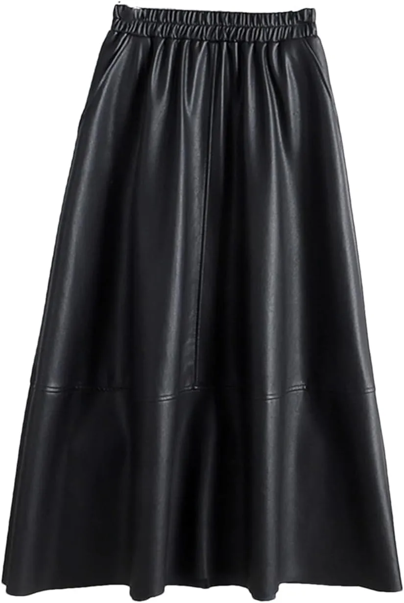 Autumn Winter Female Faux PU-Leather Midi Skirts Patchwork High Waist A-Line Umbrella Skirts Pockets