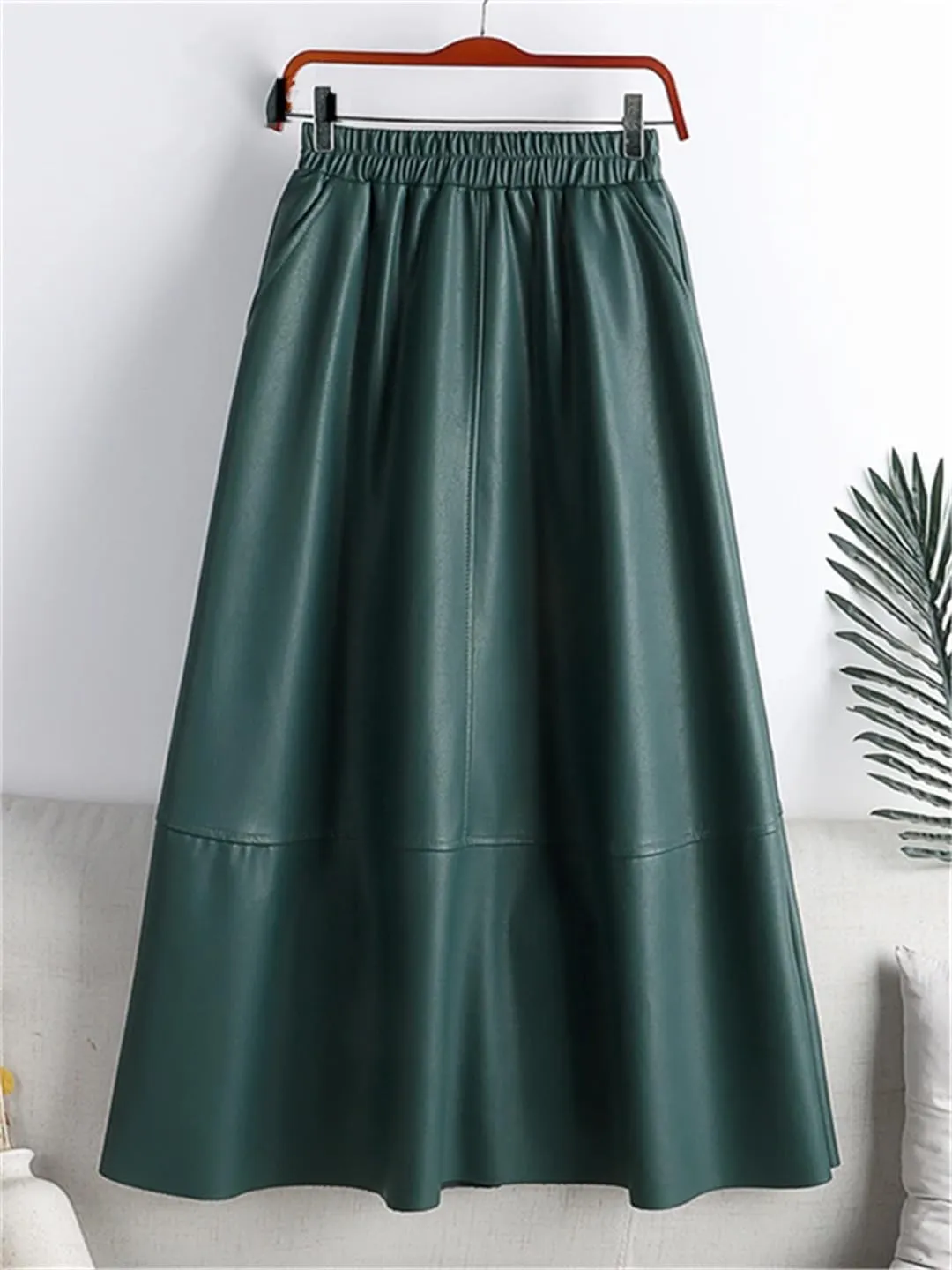 Autumn Winter Female Faux PU-Leather Midi Skirts Patchwork High Waist A-Line Umbrella Skirts Pockets