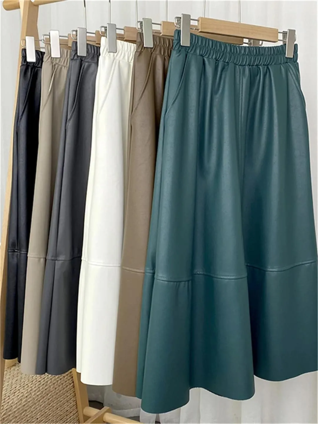 Autumn Winter Female Faux PU-Leather Midi Skirts Patchwork High Waist A-Line Umbrella Skirts Pockets