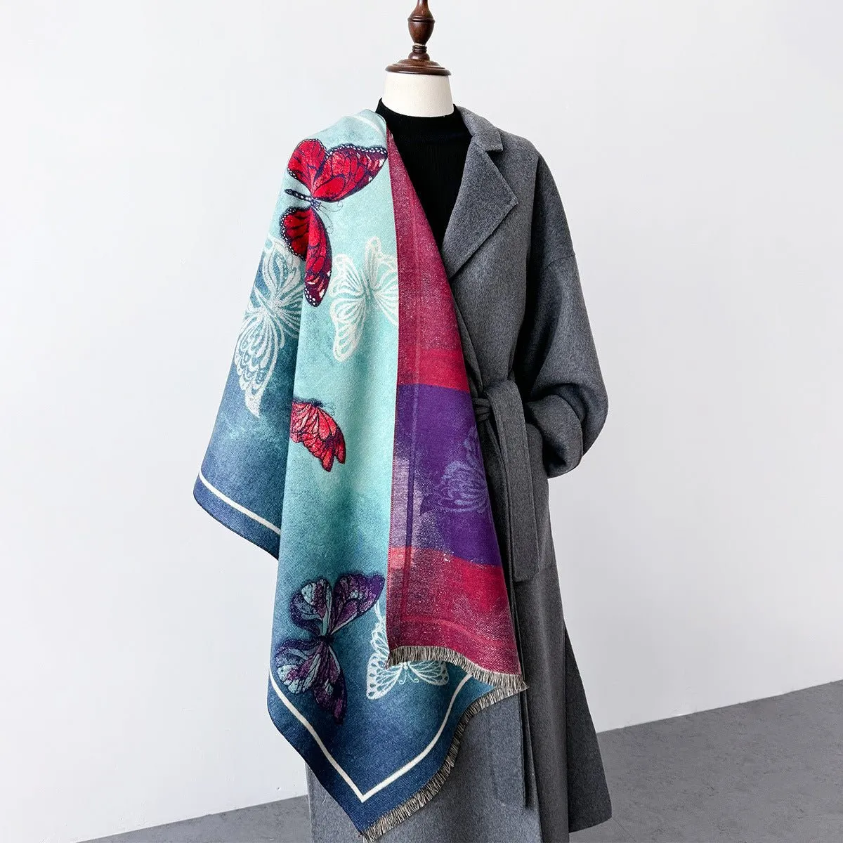 Beautiful Oil Painted Butterfly Design Luxurious Women's Winter Shawl