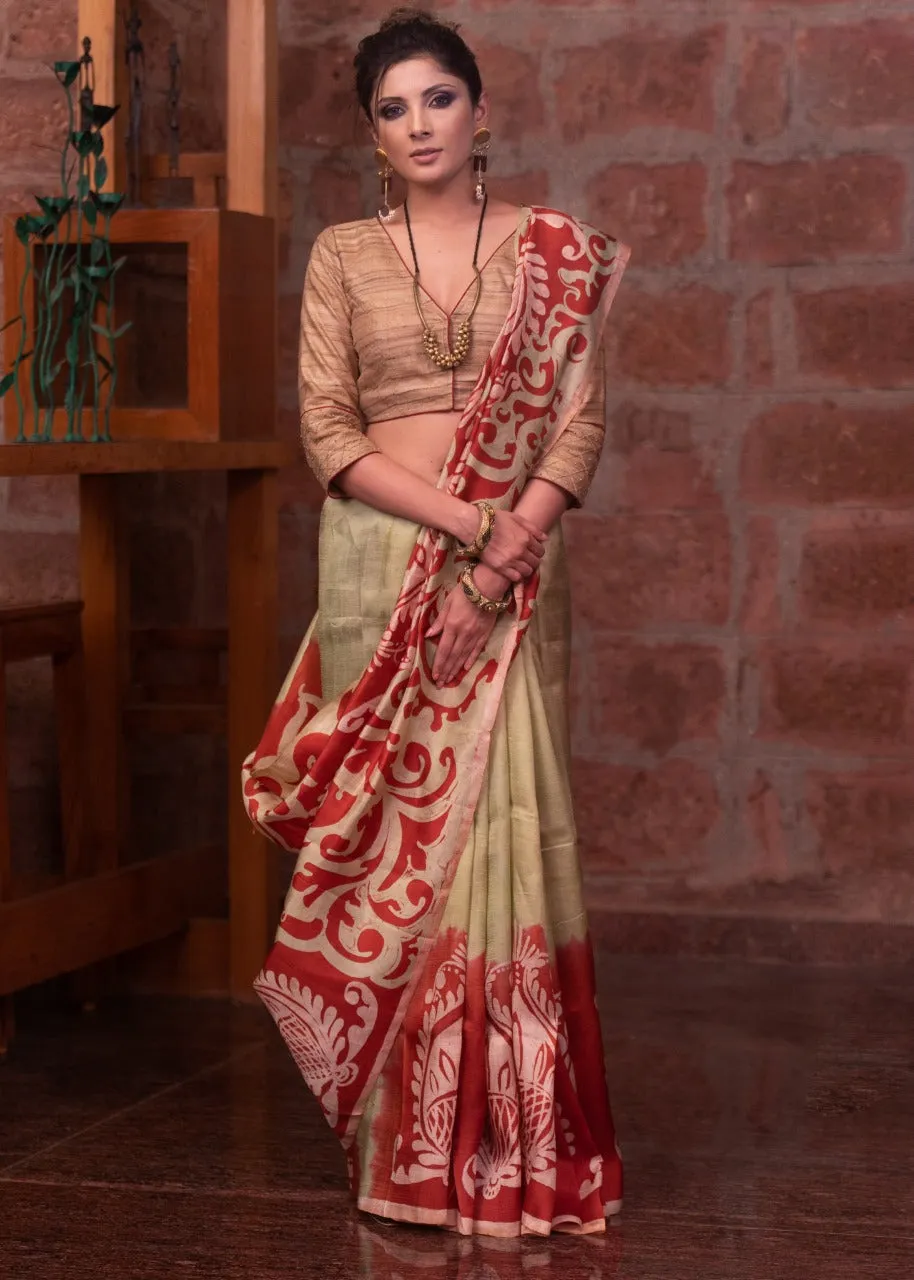 BEIGE PURE SILK HAND BATIK ABSTRACT DESIGN SAREE