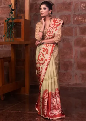 BEIGE PURE SILK HAND BATIK ABSTRACT DESIGN SAREE