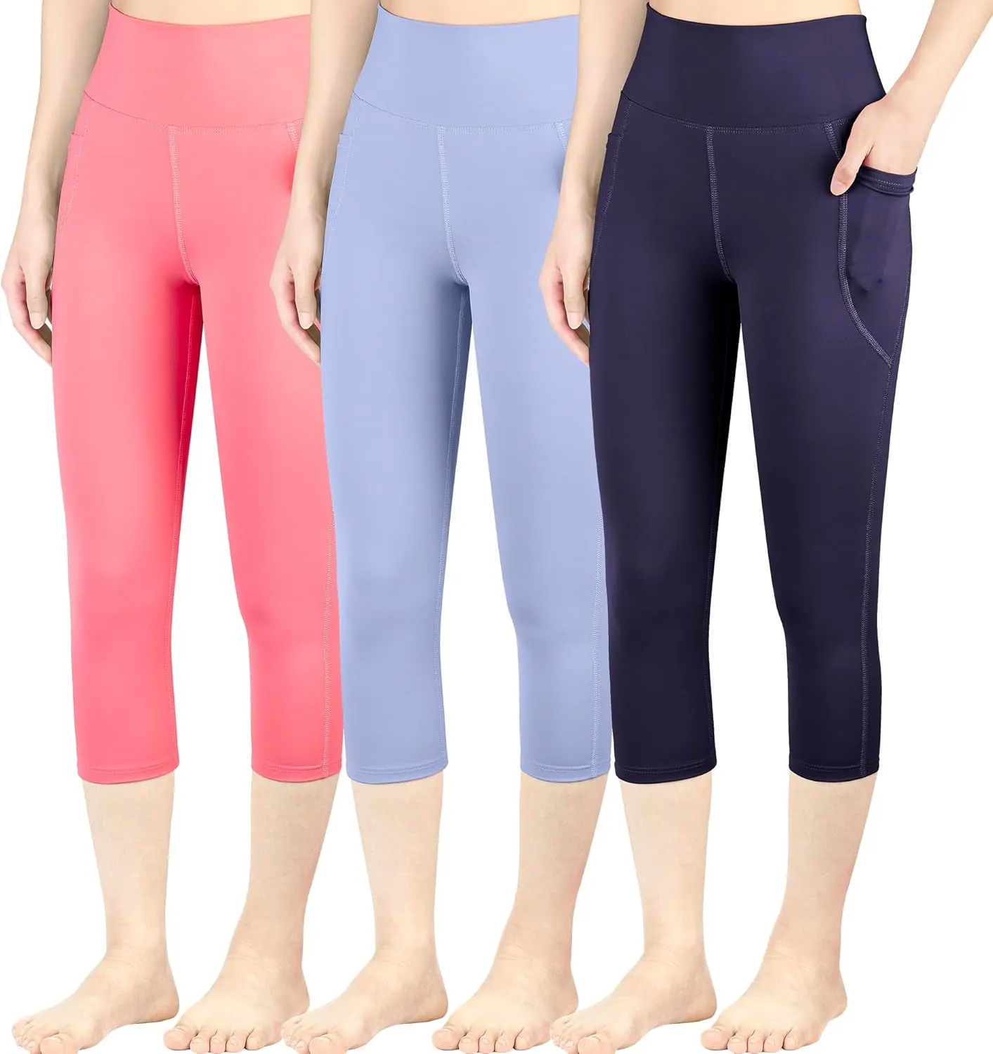 BIG ELEPHANT 3 Packs Girls Capri Leggings with Pockets, High Waisted Yoga Pants Athletic Running Dance Workout for Kids