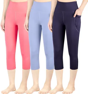 BIG ELEPHANT 3 Packs Girls Capri Leggings with Pockets, High Waisted Yoga Pants Athletic Running Dance Workout for Kids