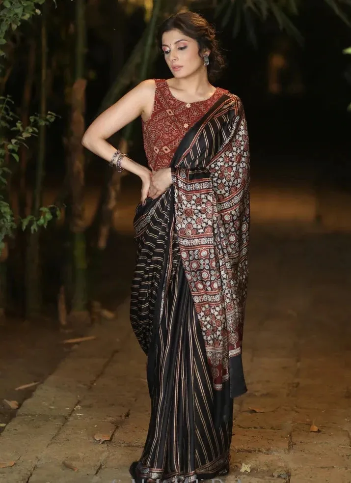 BLACK MODAL SILK SAREE WITH STRIPED PATTERN