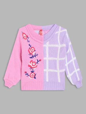 Blue Giraffe Girls Pink Color-Blocked Round Neck Full Sleeves Pullover Style Sweater