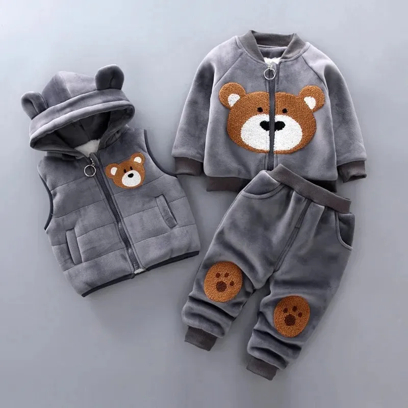 Boys Winter Wear Grey Bear Motif 3 Pcs Set