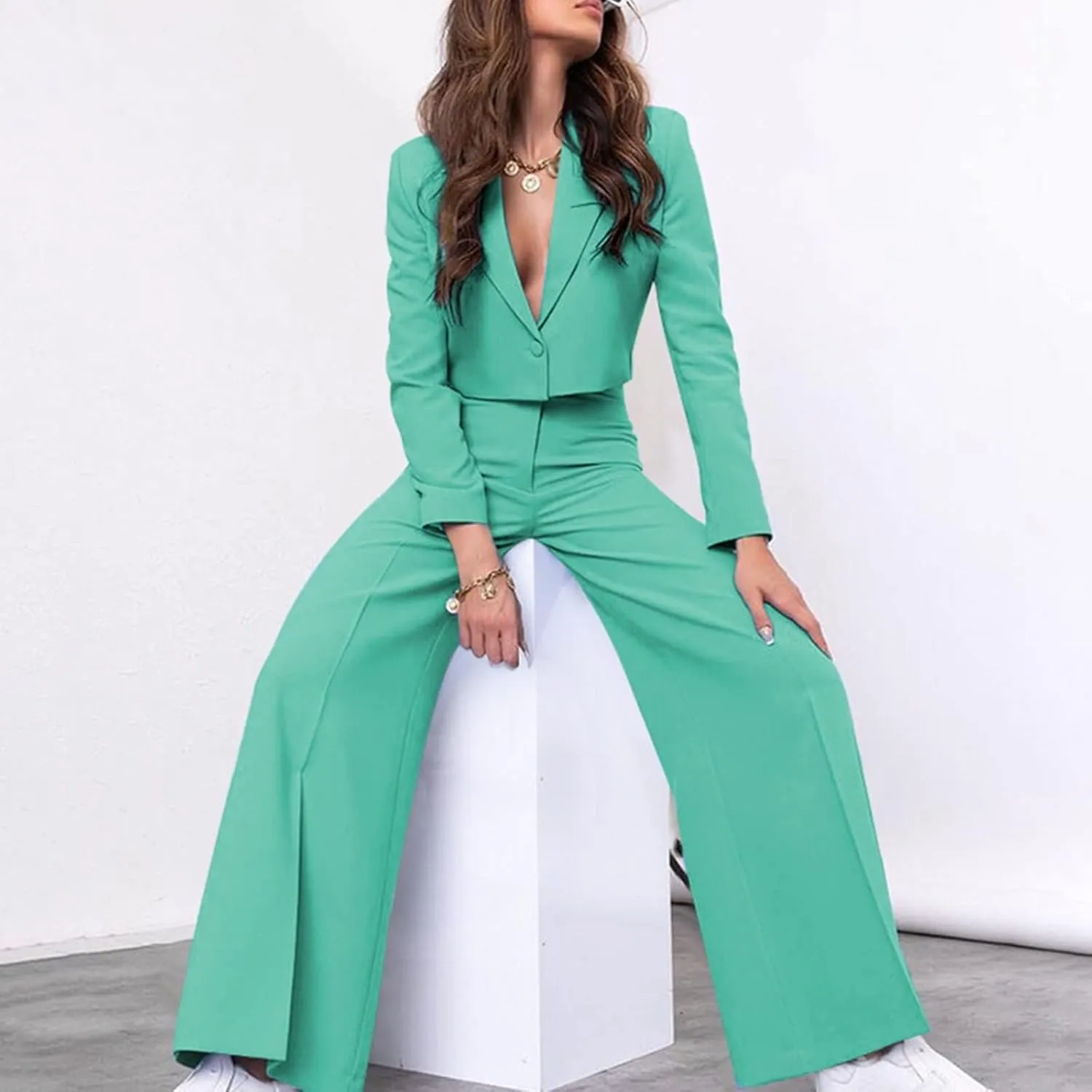 Business Casual Blazer Set for Women Sexy Low Cut V-Neck Crop Blazers High Waist Wide Leg Flare Trousers 2 Piece Suit