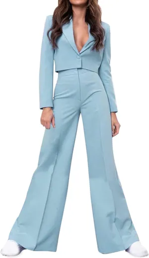 Business Casual Blazer Set for Women Sexy Low Cut V-Neck Crop Blazers High Waist Wide Leg Flare Trousers 2 Piece Suit