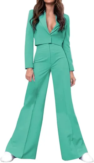 Business Casual Blazer Set for Women Sexy Low Cut V-Neck Crop Blazers High Waist Wide Leg Flare Trousers 2 Piece Suit