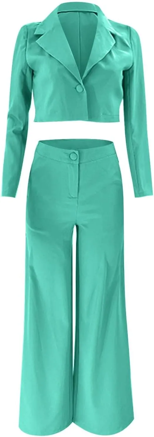Business Casual Blazer Set for Women Sexy Low Cut V-Neck Crop Blazers High Waist Wide Leg Flare Trousers 2 Piece Suit