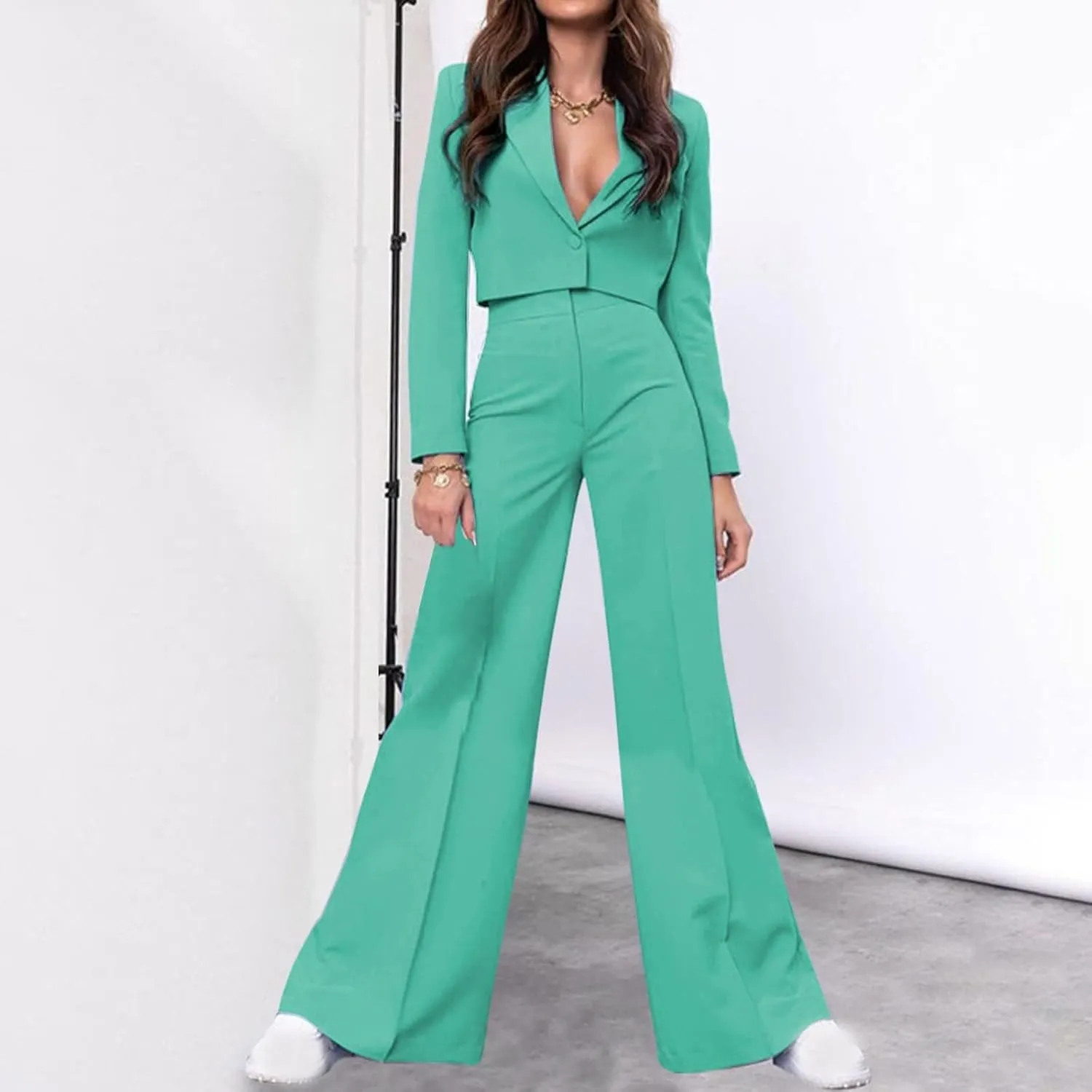 Business Casual Blazer Set for Women Sexy Low Cut V-Neck Crop Blazers High Waist Wide Leg Flare Trousers 2 Piece Suit