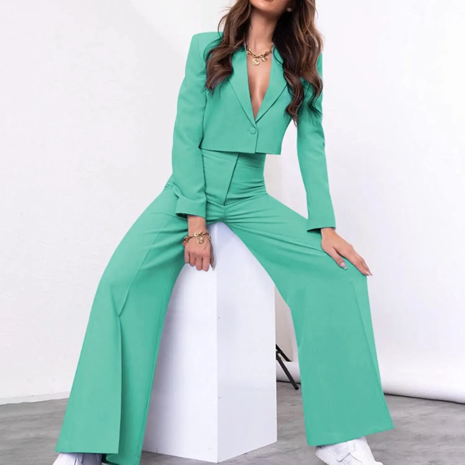Business Casual Blazer Set for Women Sexy Low Cut V-Neck Crop Blazers High Waist Wide Leg Flare Trousers 2 Piece Suit