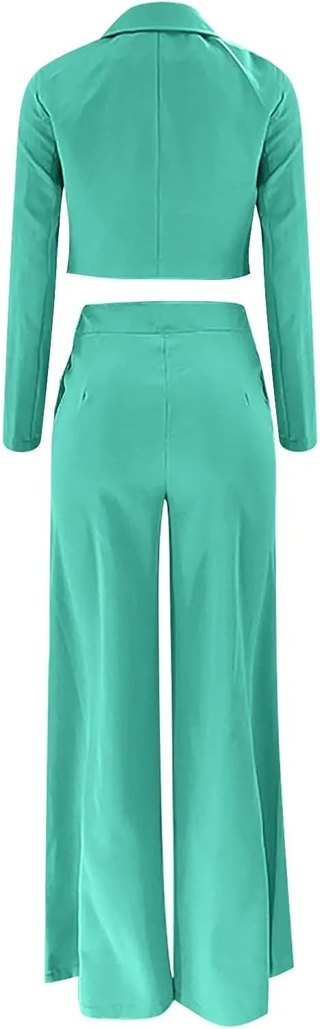 Business Casual Blazer Set for Women Sexy Low Cut V-Neck Crop Blazers High Waist Wide Leg Flare Trousers 2 Piece Suit