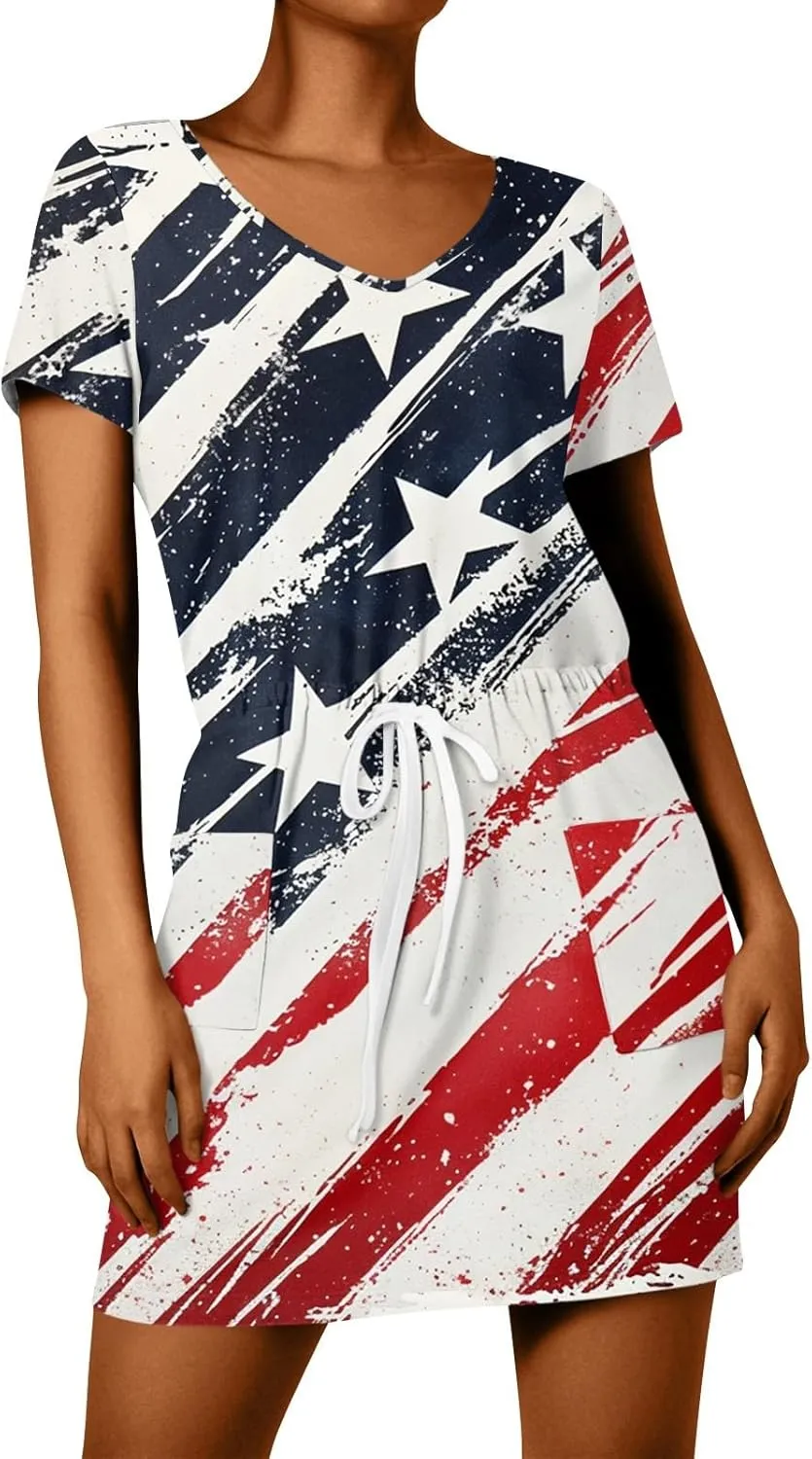 Casual Dresses for Women Summer Short Sleeve Drawstring Waist Mini Striped Dress V Neck Tshirt Dress with Pockets