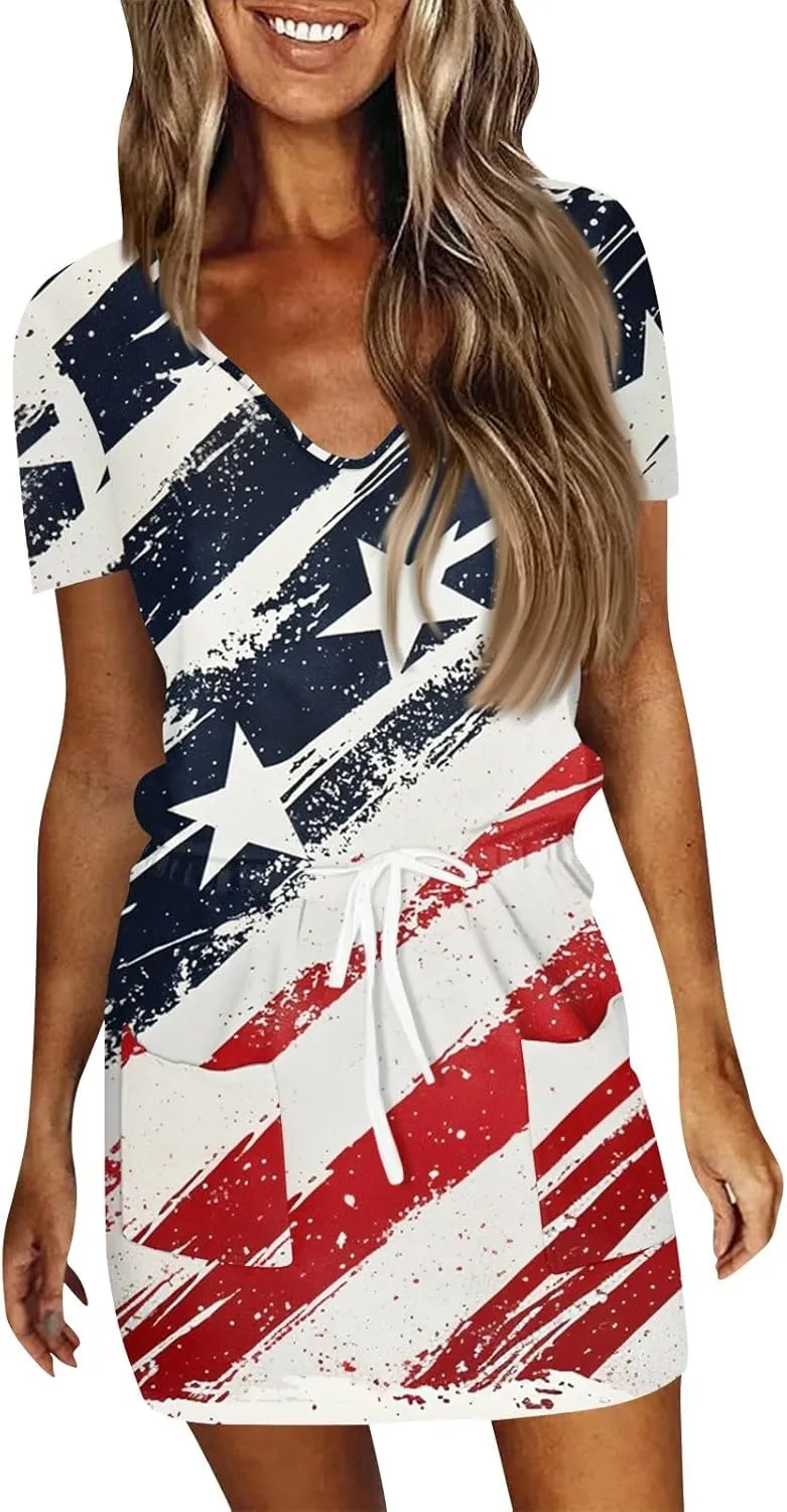 Casual Dresses for Women Summer Short Sleeve Drawstring Waist Mini Striped Dress V Neck Tshirt Dress with Pockets
