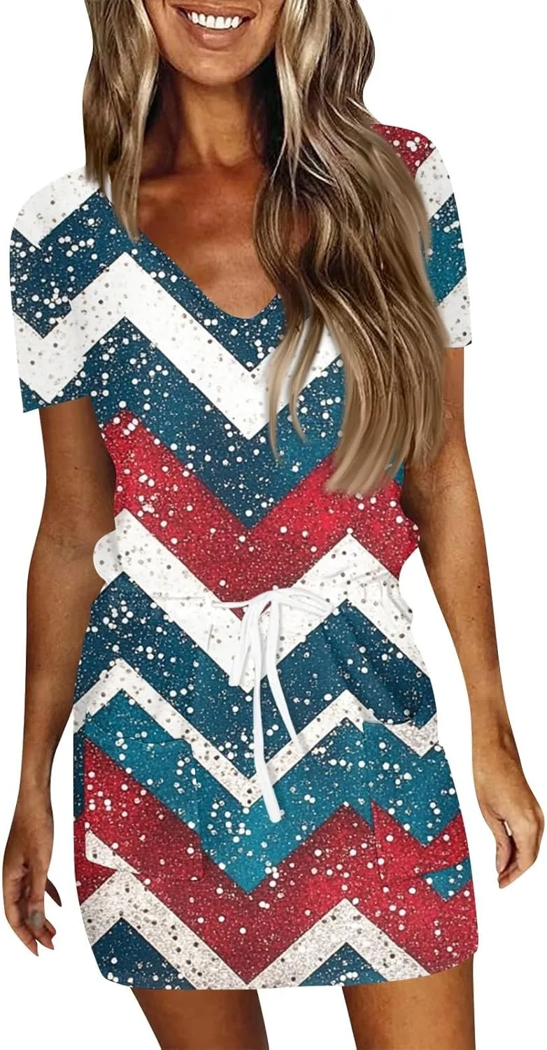 Casual Dresses for Women Summer Short Sleeve Drawstring Waist Mini Striped Dress V Neck Tshirt Dress with Pockets
