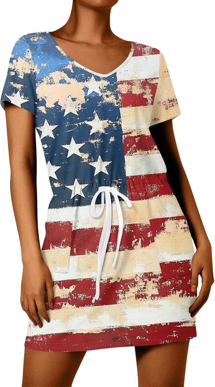 Casual Dresses for Women Summer Short Sleeve Drawstring Waist Mini Striped Dress V Neck Tshirt Dress with Pockets
