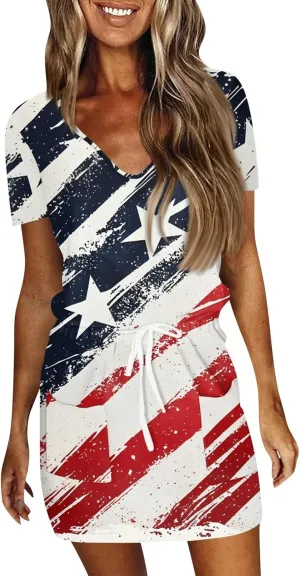 Casual Dresses for Women Summer Short Sleeve Drawstring Waist Mini Striped Dress V Neck Tshirt Dress with Pockets