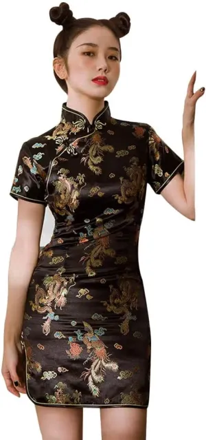 Cheongsam Dress for Women Chinese Bodycon Qipao Short Sleeve Slim Fit Club Dress Cosplay Halloween Evening Dragon