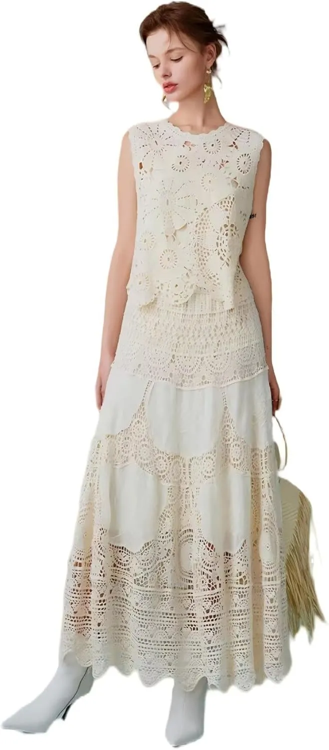 ChicVibes Women's High-Waisted Crochet Lace Maxi Skirt-Stretchy Ankle-Length with Floral Cutout Design, Opaque Lining