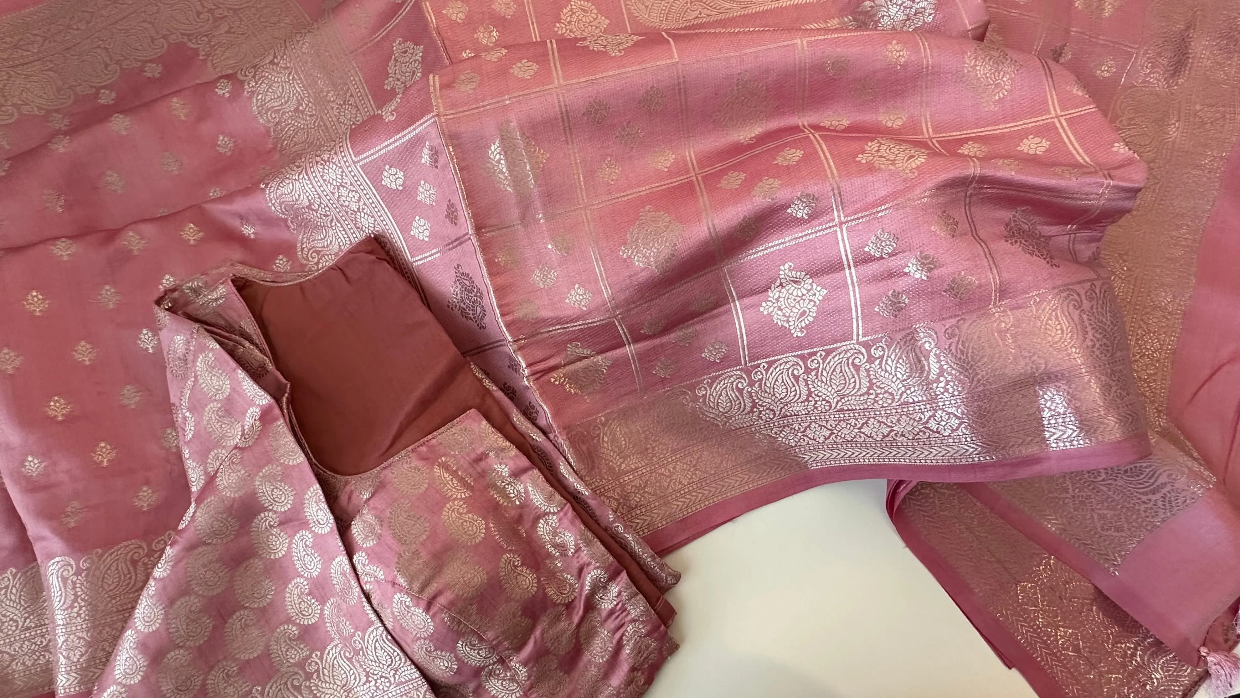 Chinya silk with silver zari with stitched blouses