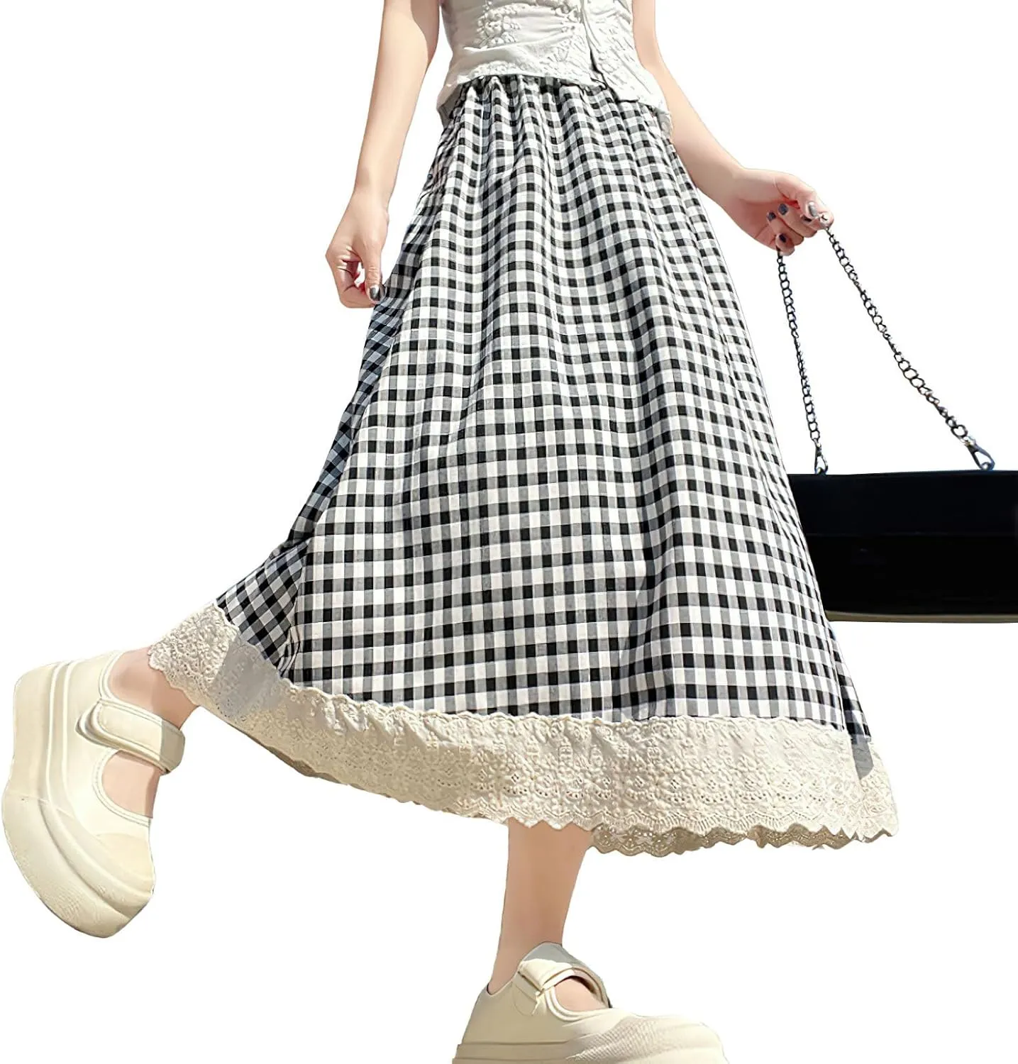 chouyatou Women's Casual Elastic Waist Plaid Skirt Lace Eyelet Ruffle Skirt Gingham Swing Midi Long Skirt