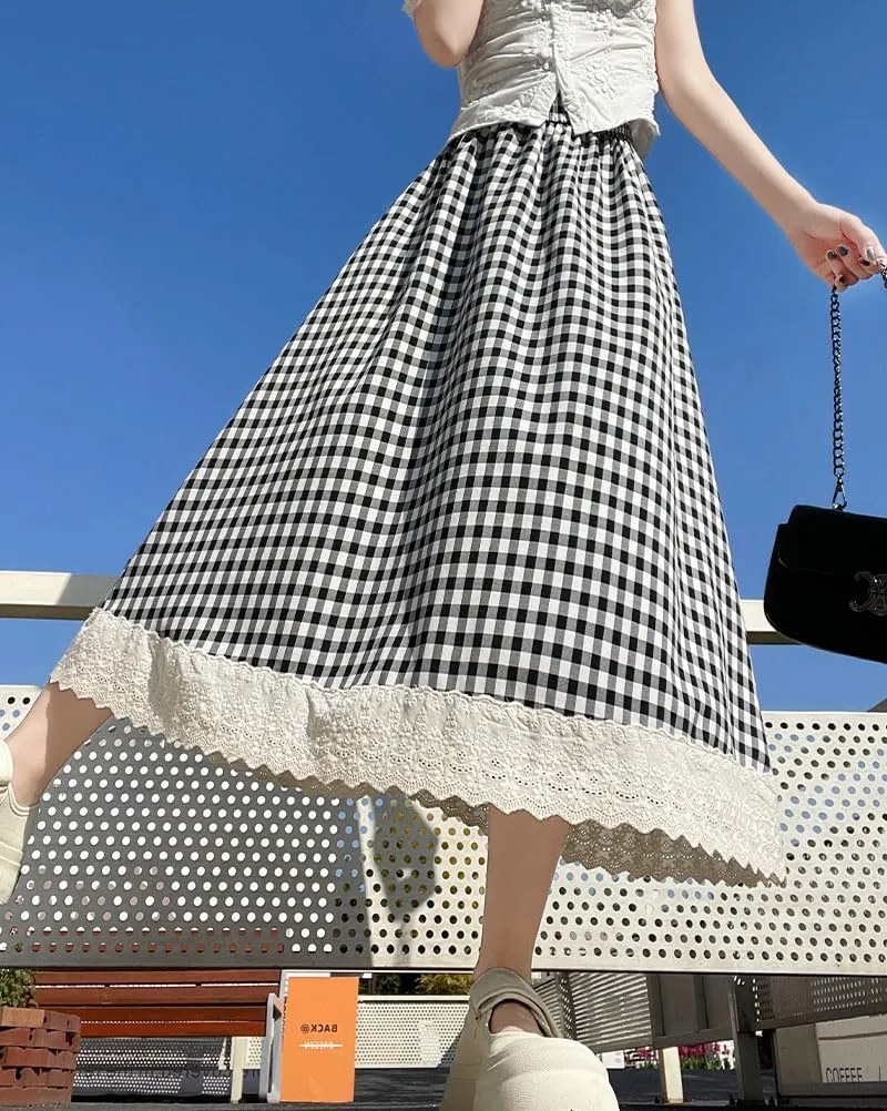 chouyatou Women's Casual Elastic Waist Plaid Skirt Lace Eyelet Ruffle Skirt Gingham Swing Midi Long Skirt