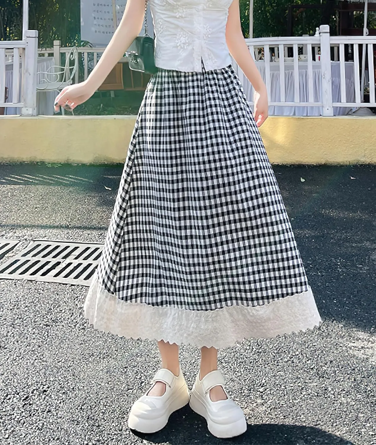 chouyatou Women's Casual Elastic Waist Plaid Skirt Lace Eyelet Ruffle Skirt Gingham Swing Midi Long Skirt