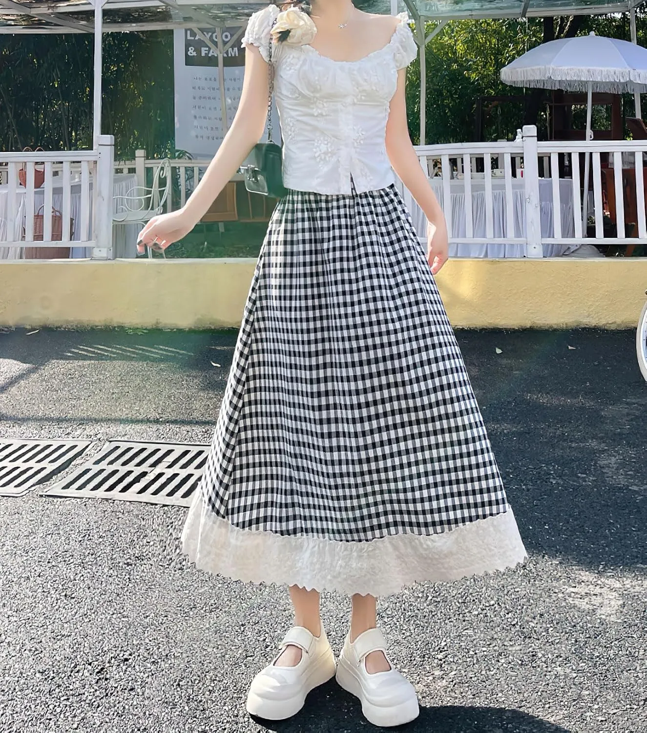 chouyatou Women's Casual Elastic Waist Plaid Skirt Lace Eyelet Ruffle Skirt Gingham Swing Midi Long Skirt