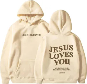 Christian Hoodies for Women Bible Verse Jesus Loves You Graphic Oversized Y2K Hooded Pockets Drawstring Sweatshirts