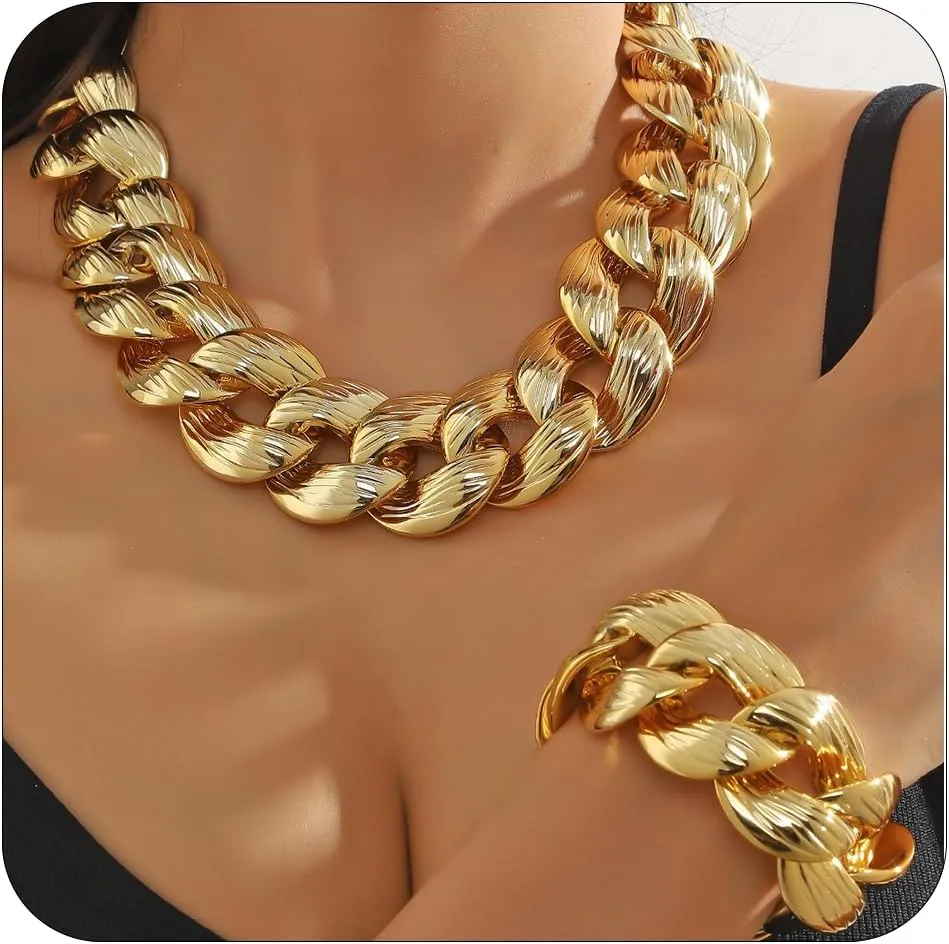 CJIAYUJEW Chunky Gold Cuban Chain Necklace Bracelets Set Punk Silver Thick Chain Link Choker Earrings Trendy Hip Hop Statement Choker Necklace Jewelry for Women