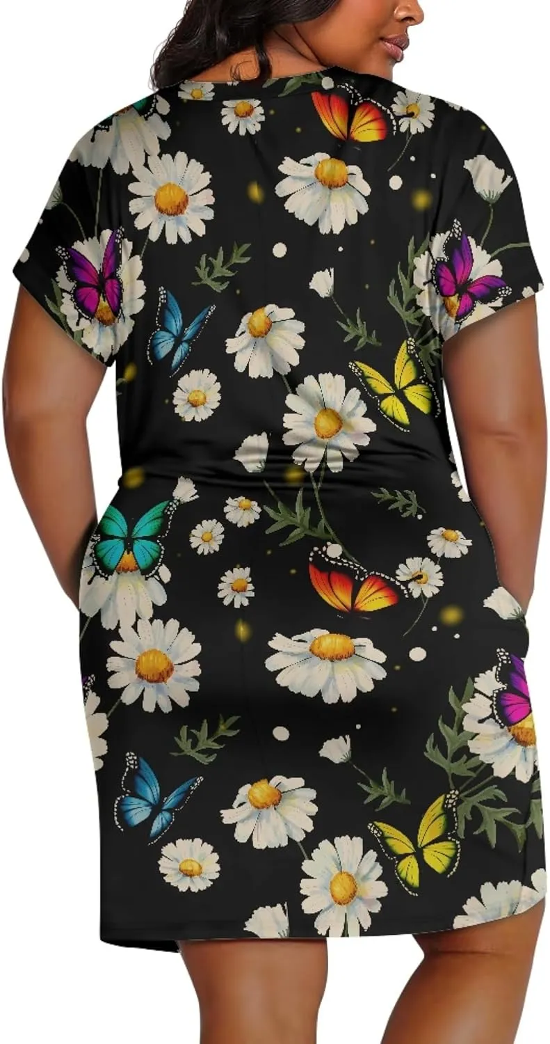 CLOHOMIN Women Short Sleeve Dresses Party Knee Length Dress Oversized Midi Dress Special Occasion Dresses with Pockets