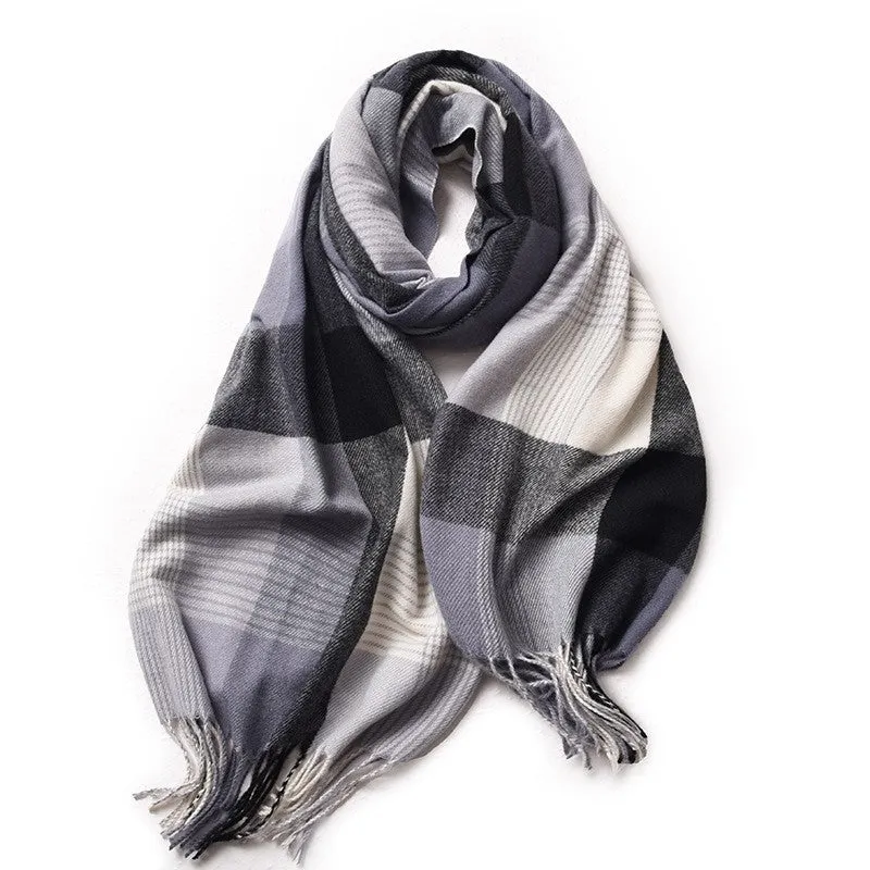 Contrast Color Plaid Tasseled Thickened Warm Shawl Scarf