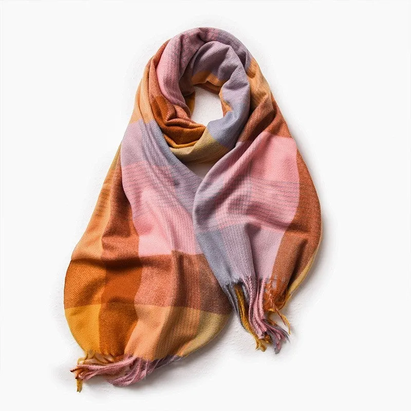 Contrast Color Plaid Tasseled Thickened Warm Shawl Scarf