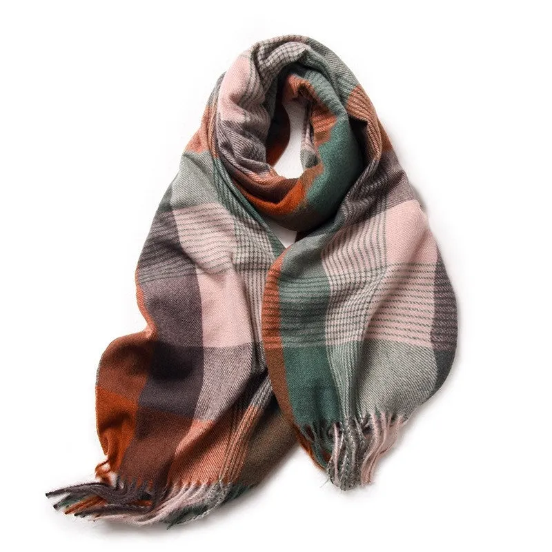 Contrast Color Plaid Tasseled Thickened Warm Shawl Scarf