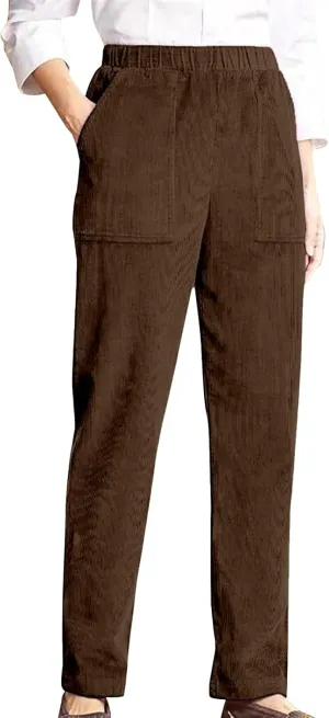 Corduroy Pants for Women Elastic High Waist Pull On Straight Leg Slacks Casual Comfy Solid Trousers with Pocket