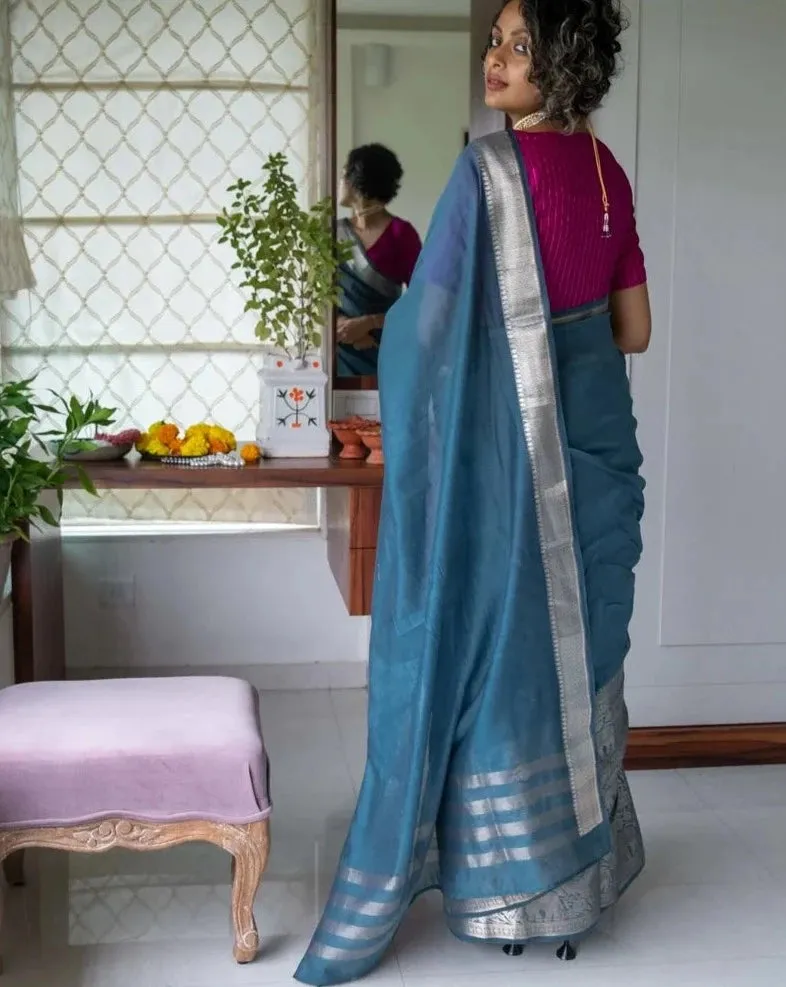 Dazzling Gorgeous Blue Cotton Silk Saree