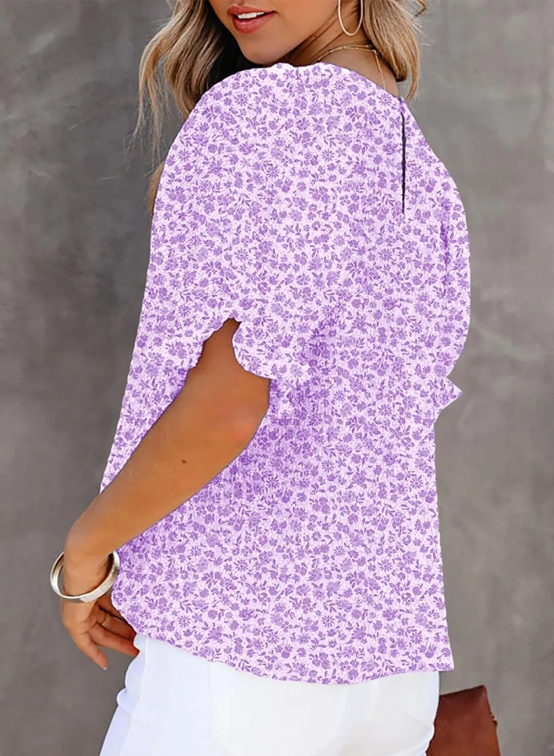 Dokotoo Floral Print Blouses for Women Crewneck Smocked Puff Sleeve Shirts Casual Babydoll Tops