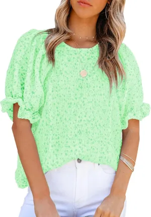 Dokotoo Floral Print Blouses for Women Crewneck Smocked Puff Sleeve Shirts Casual Babydoll Tops