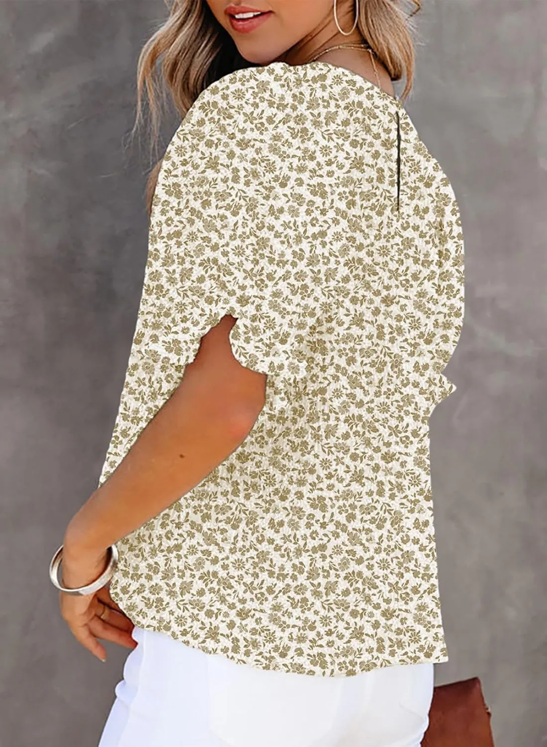 Dokotoo Floral Print Blouses for Women Crewneck Smocked Puff Sleeve Shirts Casual Babydoll Tops