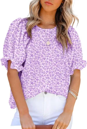 Dokotoo Floral Print Blouses for Women Crewneck Smocked Puff Sleeve Shirts Casual Babydoll Tops