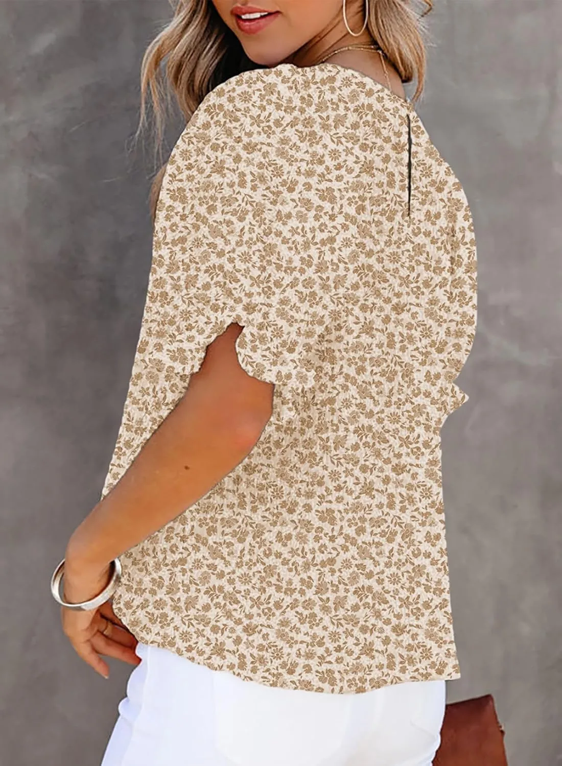 Dokotoo Floral Print Blouses for Women Crewneck Smocked Puff Sleeve Shirts Casual Babydoll Tops