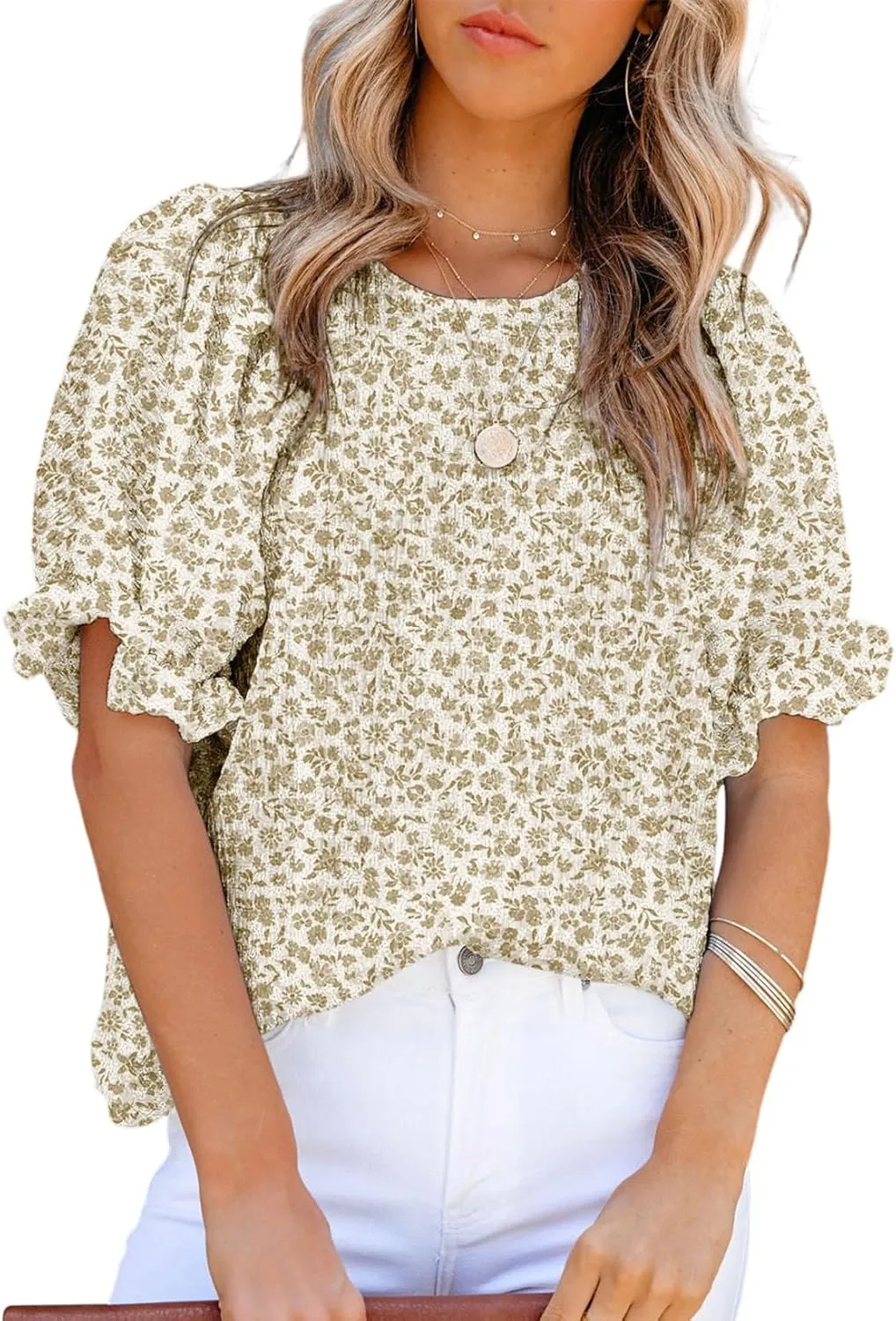 Dokotoo Floral Print Blouses for Women Crewneck Smocked Puff Sleeve Shirts Casual Babydoll Tops