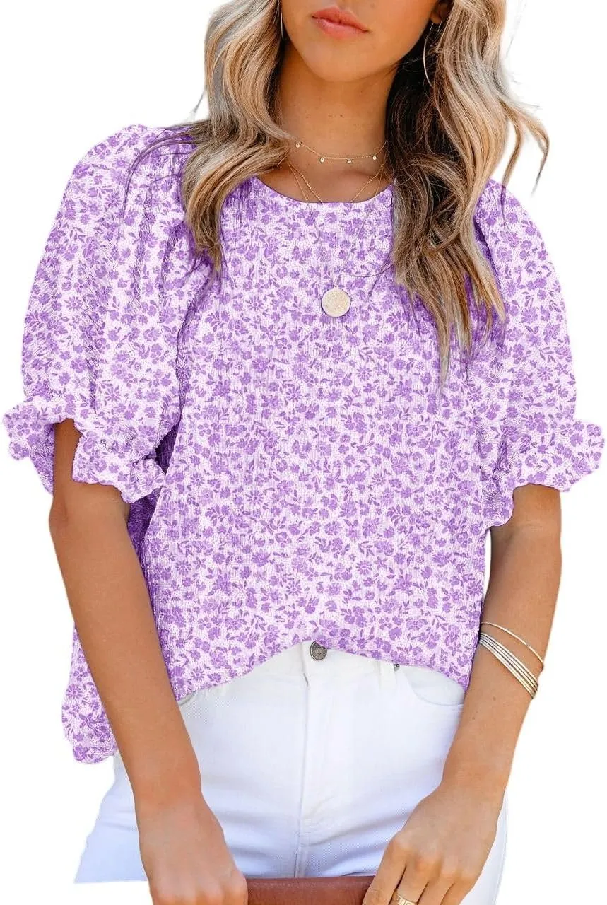 Dokotoo Floral Print Blouses for Women Crewneck Smocked Puff Sleeve Shirts Casual Babydoll Tops