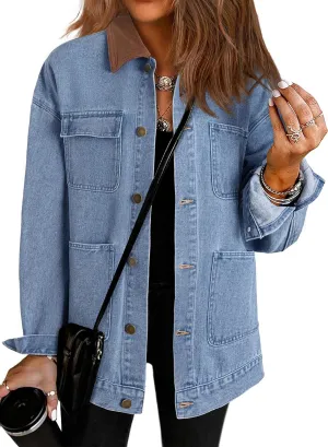Dokotoo Women's Denim Jacket Oversized Contrast Collar Jean Jackets 2025 Spring Outfits Vintage Long Sleeve Shirts